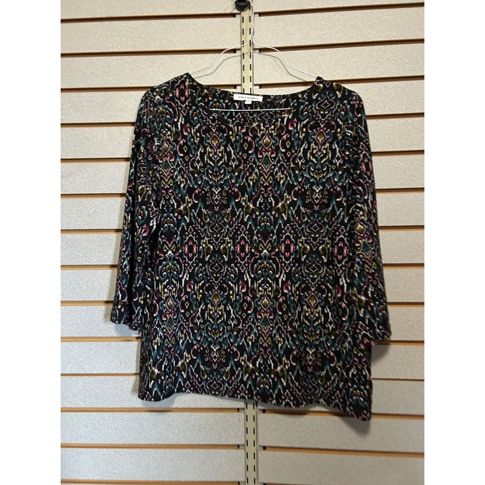 Emily Daniels Womens XL Ikat Damask Print 3/4 Sleeve Scoop Neck Blouse Black